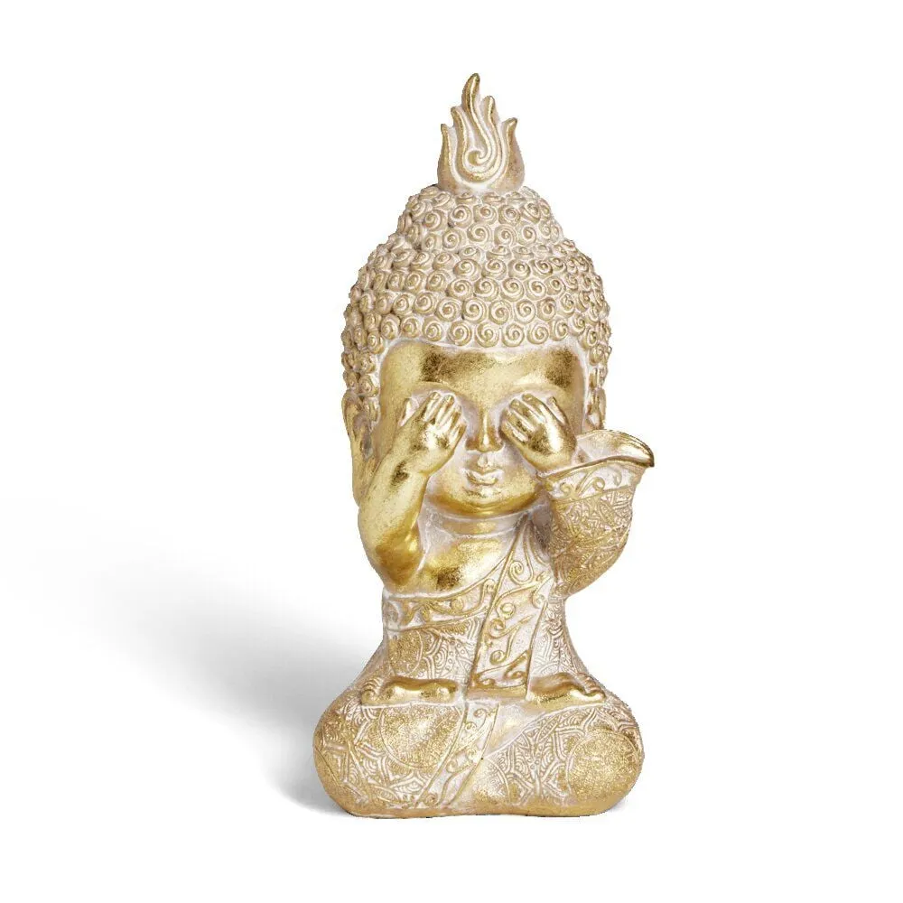 Bouddha de la sagesse Je ne vois rien résine doré H19cm